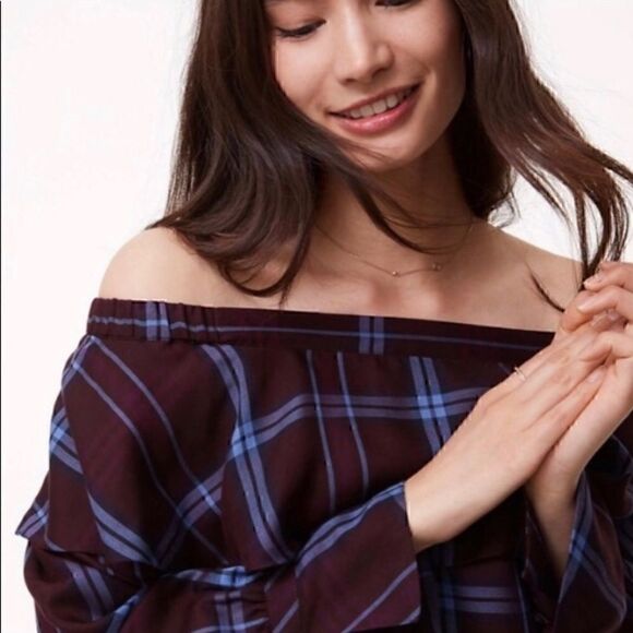 Loft purple plaid casual off the shoulder ruffled sleeves top blouse S - Picture 14 of 15